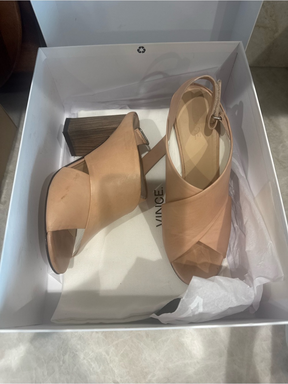 Vince Nude/Tan Leather Crossband Slingback Block Heels